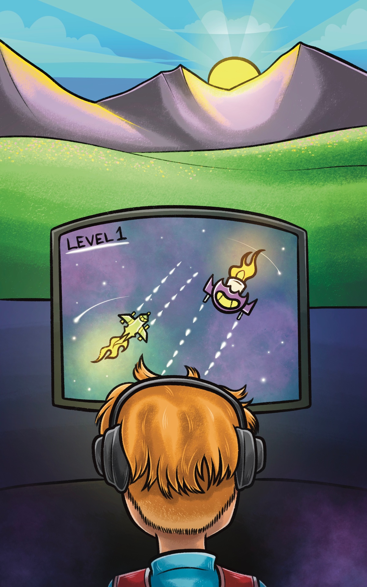 A Gamer's Detour cover — a boy with headphones watching a spaceship game screen at sunrise over mountains